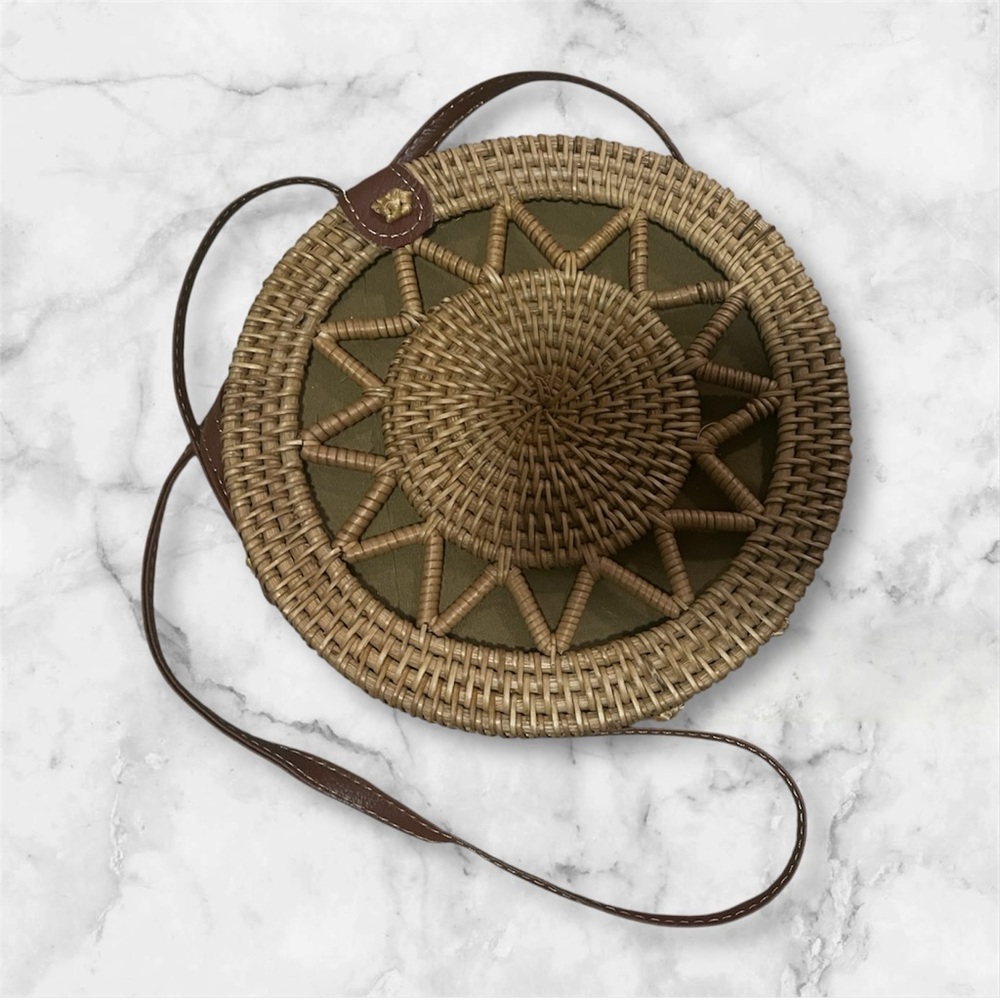 Brown and Tan Woven Round Bag - Rattan